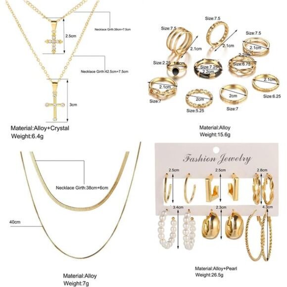 73 Pcs Gold Jewelry Set with 6Pcs Layered Necklace, 11 Pcs anklet and 7Pcs - Picture 2 of 8